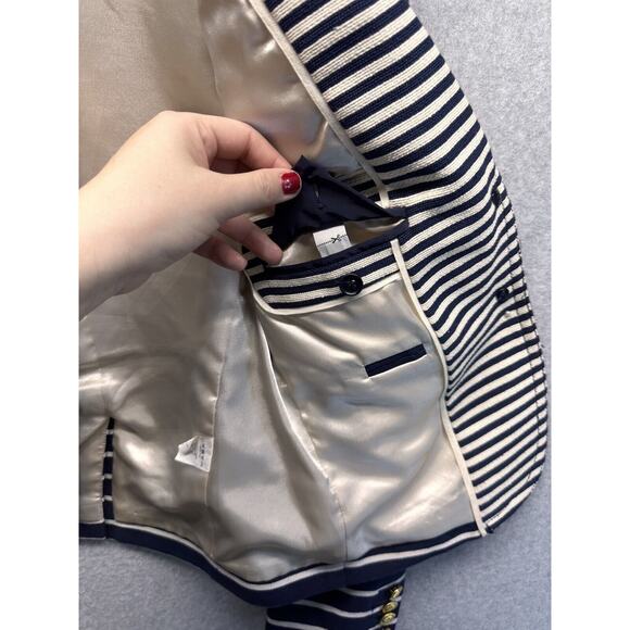 J Crew Womens Blazer Jacket Navy and Cream Stripe Gold Buttons Pockets Size 2 - Picture 10 of 15